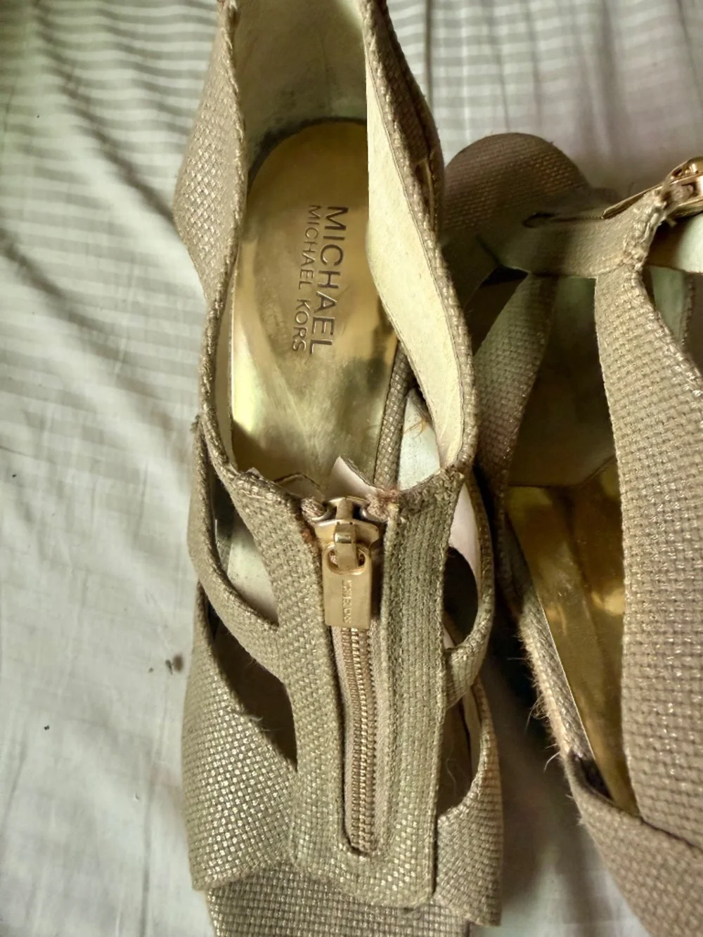 Michael Kors Champagne Shimmer Gold Gladiator Wedge Sandals